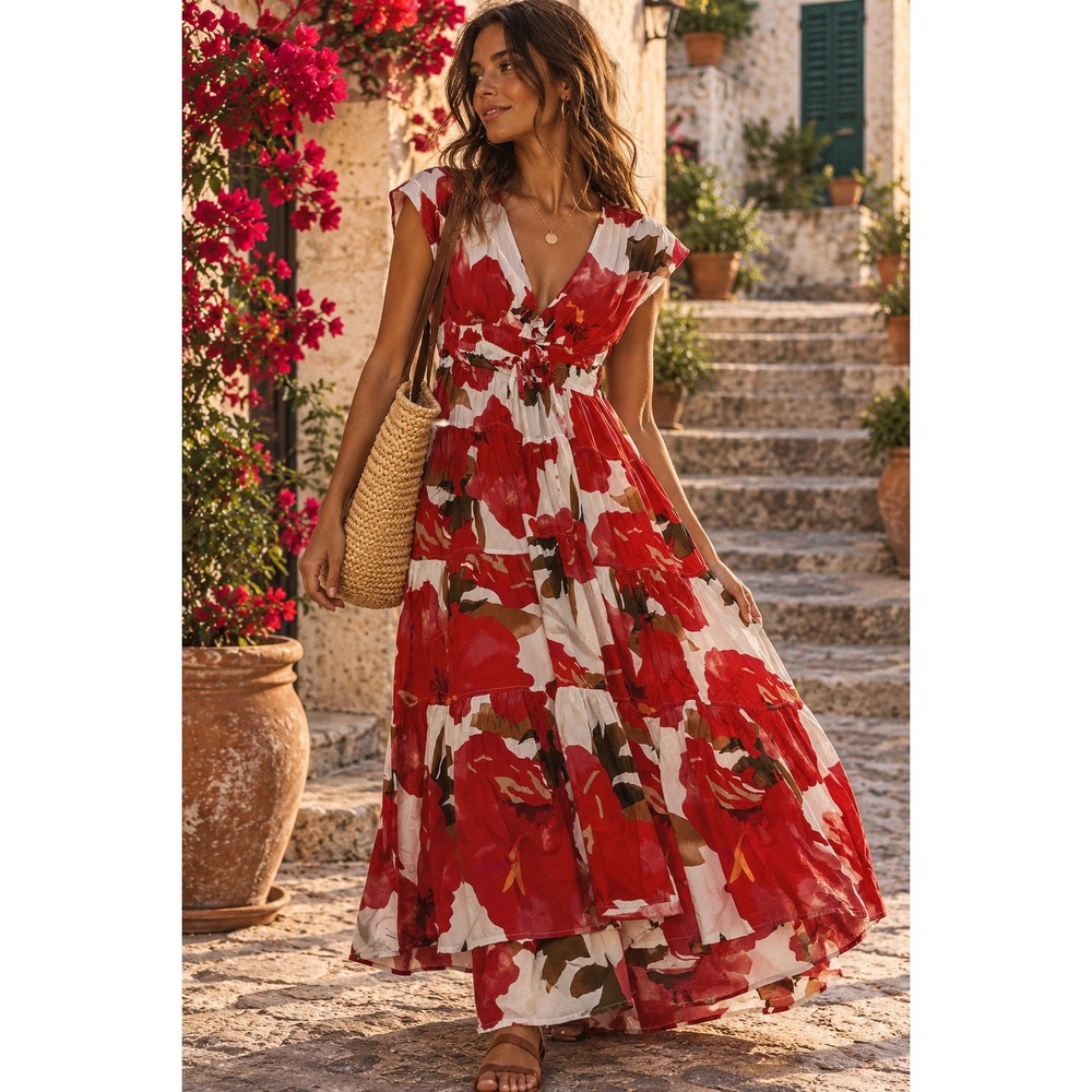 Cynthia Rowley Dress Womens Large Red Floral Maxi Cottagecore Boho Summer